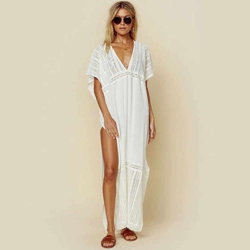 Boho White Caftan Beach Swim Coverup Maxi Dress - Picture 2 of 7